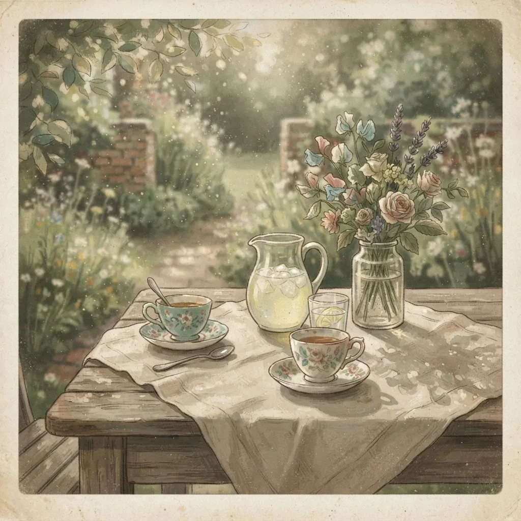 Sample archive illustration: a garden table with teacups and cut flowers.