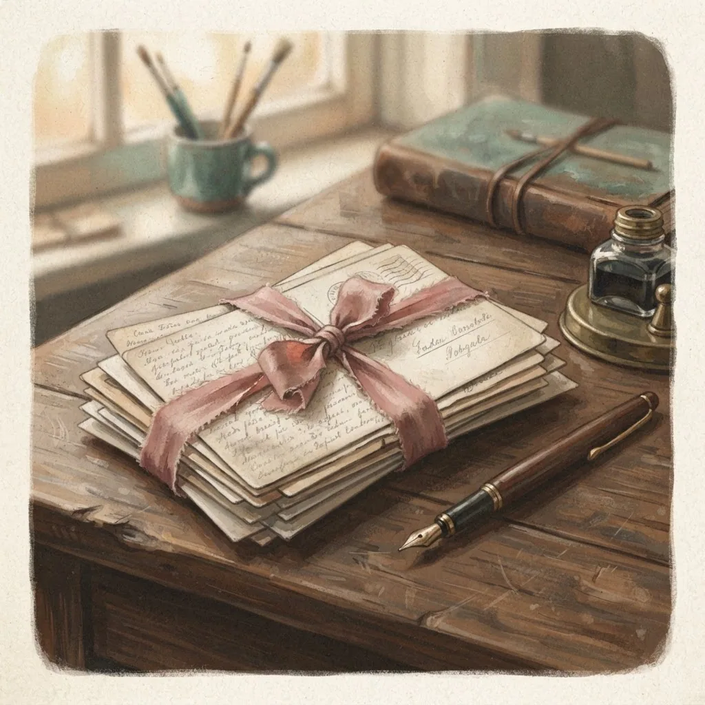 Illustration of a bundle of handwritten letters tied with a ribbon beside a pen.