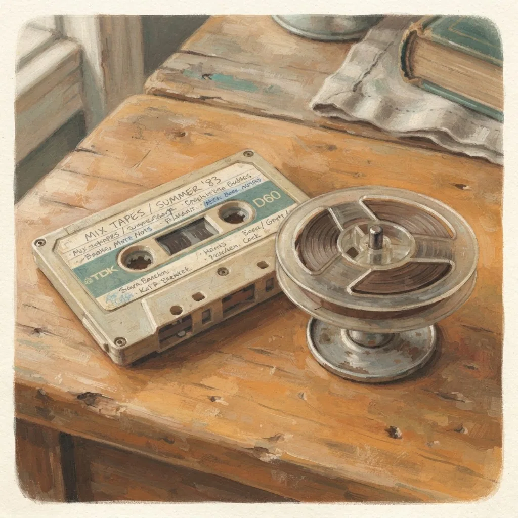 Illustration of an old cassette tape and a reel-to-reel spool on a warm surface.