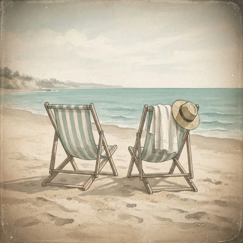 Sample archive illustration: two empty striped deck chairs on a quiet beach.